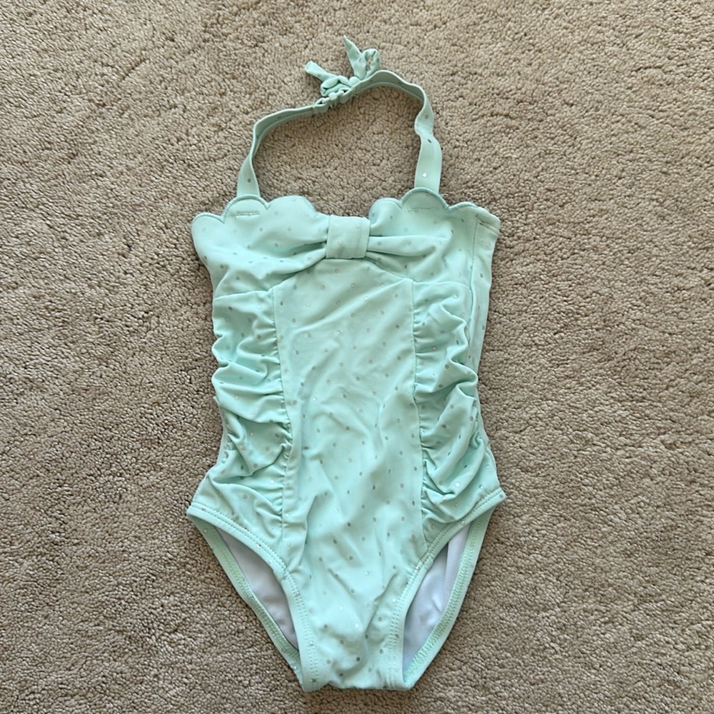 Janie and Jack one piece swimsuit sea foam green w/ silver dots